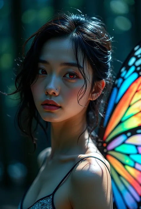 ---
Specify image style、Bigger than the body、with colorful rainbow-colored butterfly wings is standing。The background is a deep...
