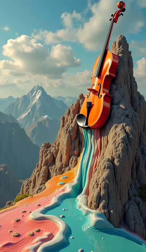 A violin melting over a mountain ridge, inspired by Salvador Dalí, vivid colors --v 5 --ar 16:9