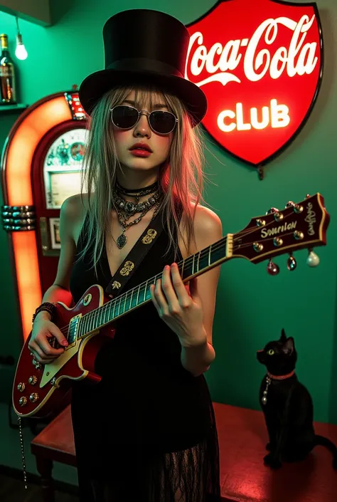 The emerald green and red nostalgic old cafe bar has an old juke box,top quality,masterpiece,high sensitivity,high resolution,de...