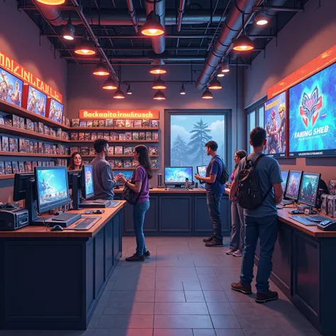 kleiner gaming shop, detailed scene of a modern smaller computer game store, innenraum, counter with cash register system, shelv...