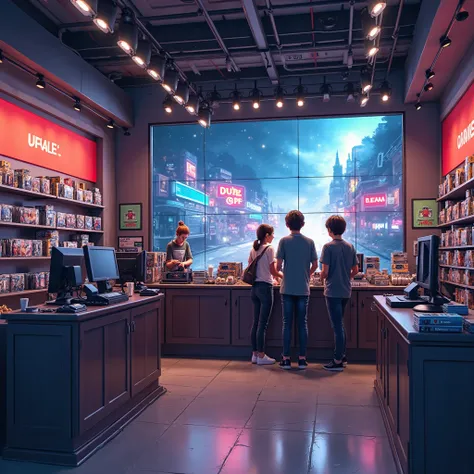 kleiner gaming shop, detailed scene of a modern smaller computer game store, innenraum, counter with cash register system, shelv...