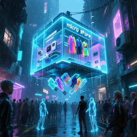 "A futuristic micro-store hovers above a neon-drenched cyberpunk alley, its glowing geometric architecture radiating an otherwor...