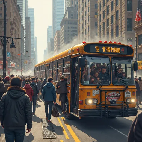 full bus, congested streets.