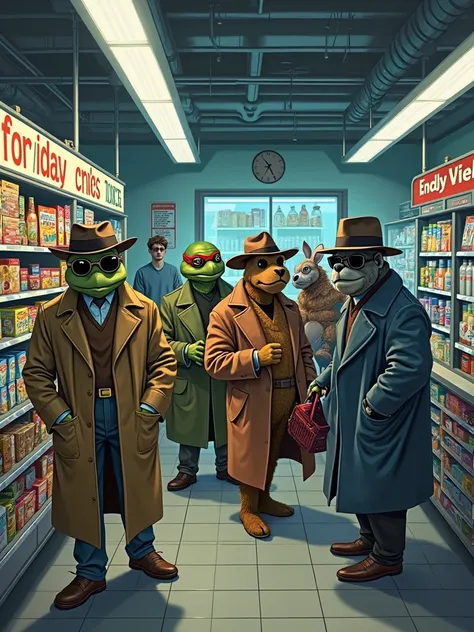 A busy convenience store at night, lit with harsh fluorescent lights. Several non-human characters are shopping incognito, each ...