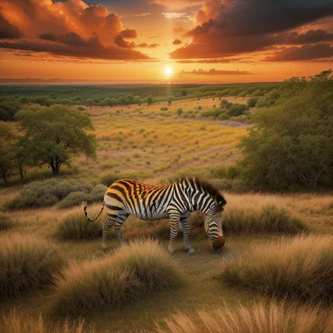zebra, eating a lion, wild landscape , vibrant sunset, lush vegetation, dramatic cloudy sky, realista, 4k, nature photography, h...