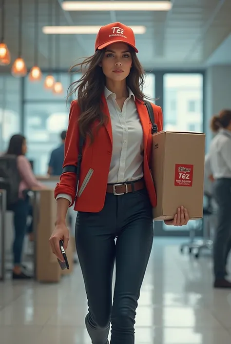create an image of cargo brand "TEZ International courier" with a girl bringing cargo to the office
