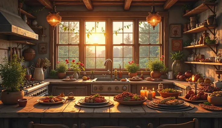 The picture depicts an open kitchen space in the countryside facing the garden in the evening, inside the kitchen there is a sto...