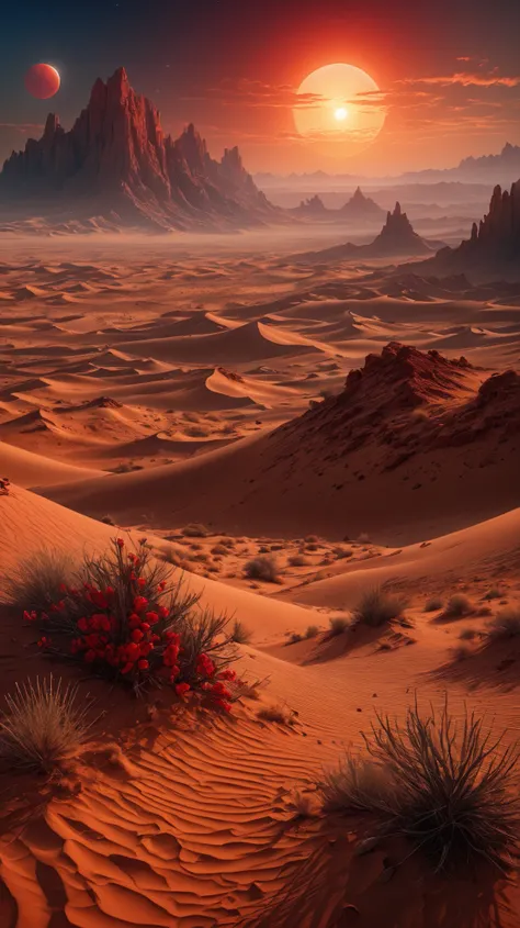 Dreamscape A desert with red sun, ultra hd, realistic, vivid colors, highly detailed, UHD drawing, pen and ink, perfect composit...