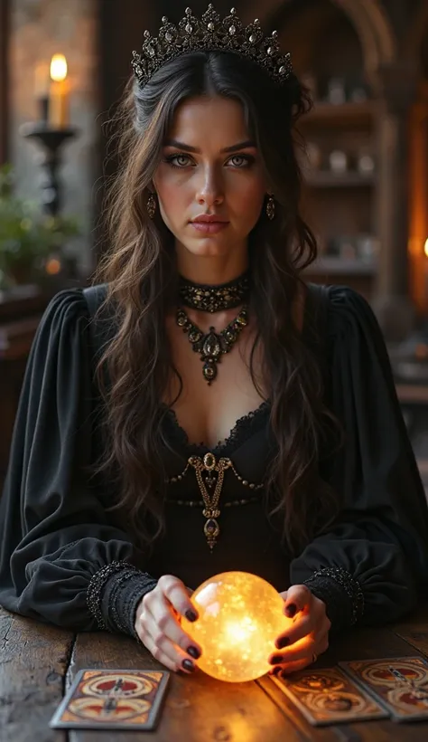 A mystical, hyper-realistic portrait of a beautiful young woman dressed in a dark, elegant gothic gown. She sits at a wooden tab...