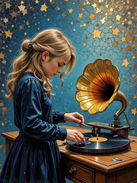 Mosaic Beautiful little blonde girl with a dark indigo dress opens the crank and it opens to a phonograph record player and scra...