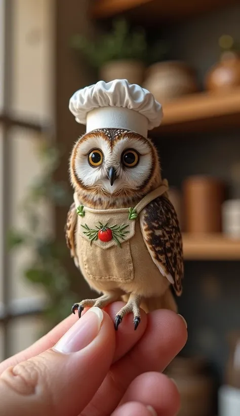 Ultra-realistic image of an incredibly tiny adult owl resting lightly and composure on the tip of a human finger. Although fully...