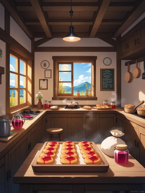 masterpiece, best quality, amazing quality, miniature bakery, cozy night-lit interior, rustic wooden shelves, tiny loaves of bre...