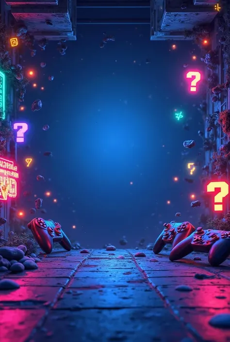 Create a vibrant and high-energy YouTube background for a gaming quiz intro. The theme is video games, with elements like pixela...