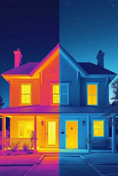 "Create a divided image showing two identical houses side by side in thermographic vision: on the left, an uninsulated house wit...