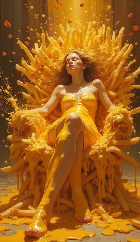 A surreal digital painting of the Goddess of Cheesy Fries reclining on a throne made of golden, crispy French fries smothered in...
