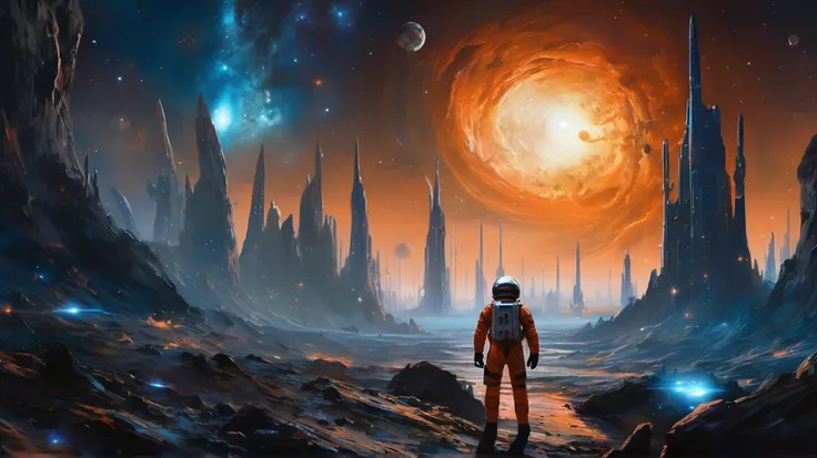 cosmic horror scene in deep space, colossal gothic city with sharp spires floating on a massive rocky island, glowing windows, s...