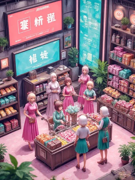 Isometric, Local grocery shop with pretty waitresses, Futuristic, Ultra HD