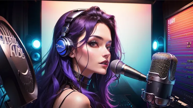 surreal style , Arafed woman in recording studio with microphone and mic, studio girl, promotional image, album art, Beautiful...