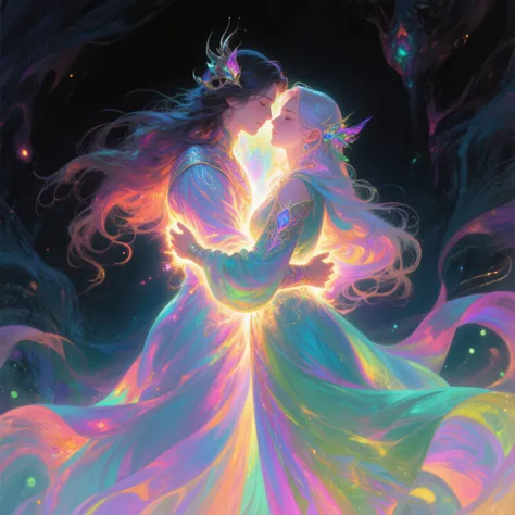 A dynamic and vivid illustration of a couple in a protective hug, glowing aura around them, vibrant colors contrasting dark surr...