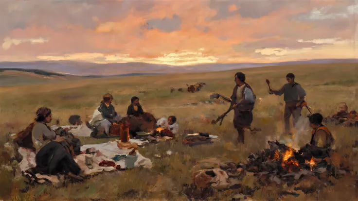 A sweeping view of the field bathed in golden sunset. The sky glows orange-pink. People rest on blankets or logs. Fires are dyin...