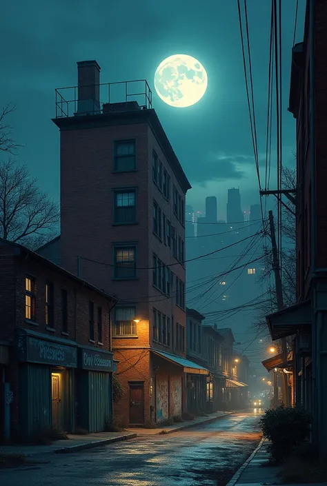 A warehouse in a neighborhood with a Moon in the background