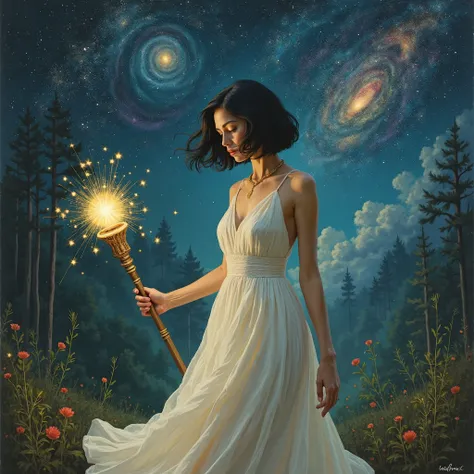 Masterpiece, A Venezuelan woman with short black hair, with tanned white skin , wearing a white dress, walked around the univer...
