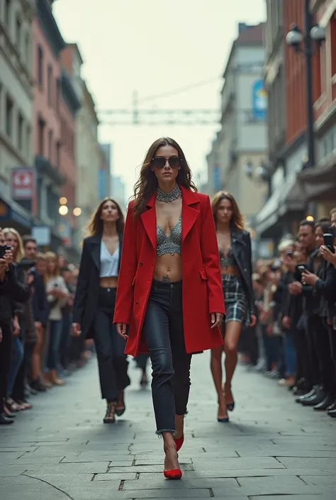 Generate an impromptu modeling runway on the street in the street for a clothing brand as part of a marketing campaign
