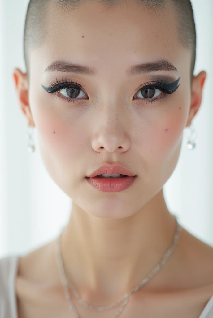(Close up shot), beautiful korean girl with dark eyeshadow, pink lips, bald head, white background, studio lighting, necklace, ...