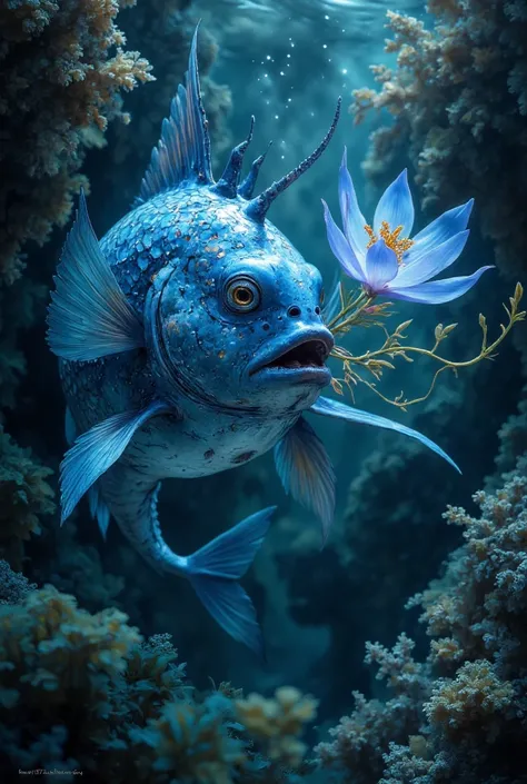 A blue scaly fish with powerful big fins holding a beautiful flower-like seaweed in its mouth extends it to a cute bright blue s...