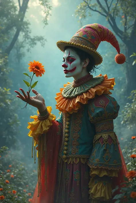 Create an image of Lord of the Mysteries clown giving a flower