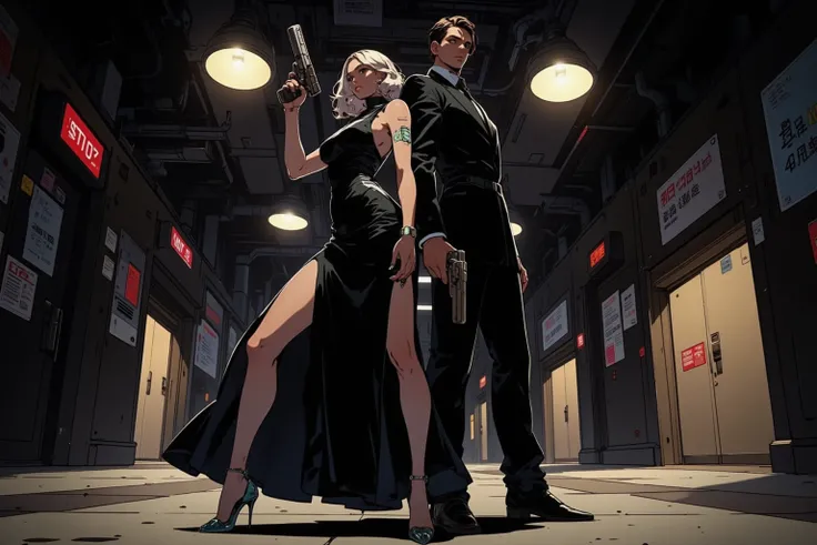 (masterpiece, best quality, ultra-detailed, cinematic lighting, anime-style),
a beautiful female spy in a sleek black evening d...