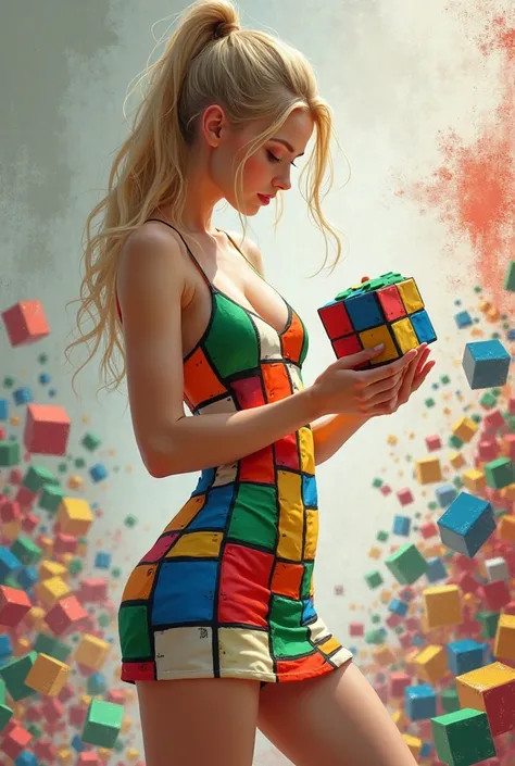 a piece of stylized art, which could be a digital painting or an illustration. Elle représente une jeune femme tenant un Rubik's...