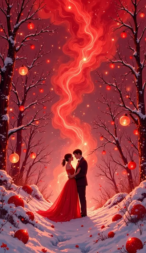 A holiday season scene immersed in red hue tones, combining dreamlike and surreal elements with rich artistic influences. The co...