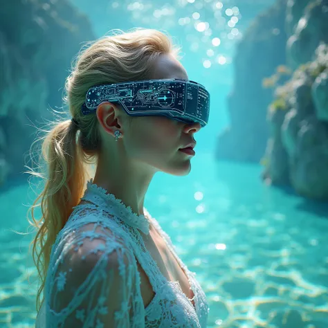 America blonde woman using smart AI glasses while at a The Magical Sea, vibrant Seain the background, futuristic but realistic t...