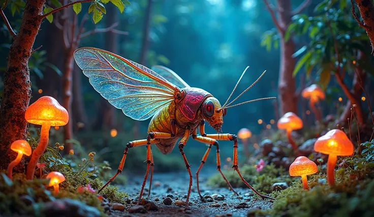 A vibrant and colorful musical theater, } recreating the magical insect world. Actors incarnated as crickets, Mantises, Ant , s...