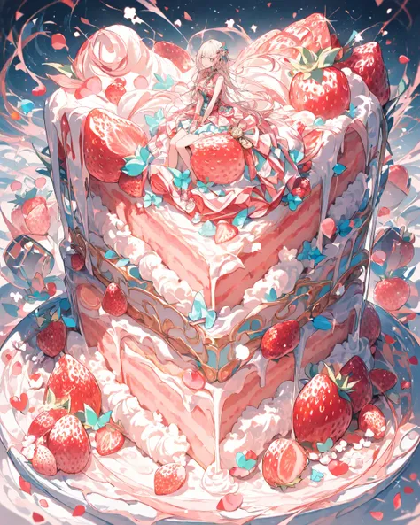masterpiece,top quality,super detail,8k,pale color girl in colorful ruffle dress Sit on a giant strawberry cake