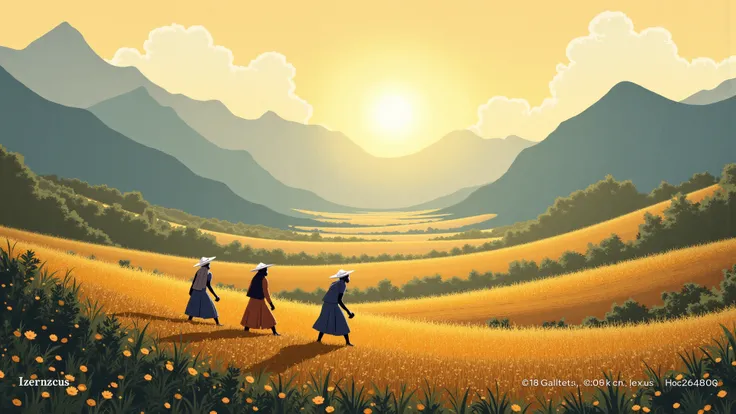 Prompt 10: "Serene mountain farmscape at dawn, farmers tending crops in muted indigo and russet garments, the bond between peopl...