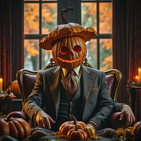 Figure with a pumpkin head sits regally in a richly decorated, wearing a grey suit . A pumpkin head, carved into a grinning face...