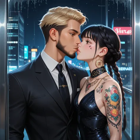 Sexy young couple Rude fair skin black hair shaved on the sides with braids brown eyes thick lips athletic body masculine energy...
