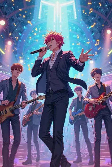 Anime style men's musical group plays while the lead singer sings