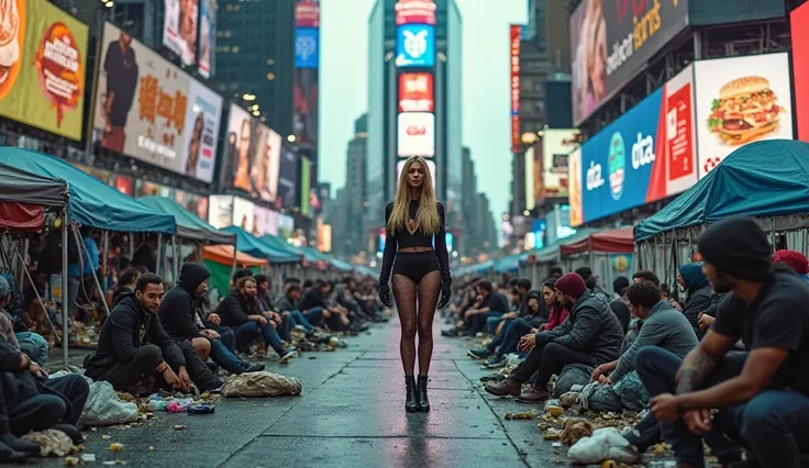 A hauntingly realistic scene in Times Square, New York, showing a crowded homeless encampment. The street is filled with rows of...