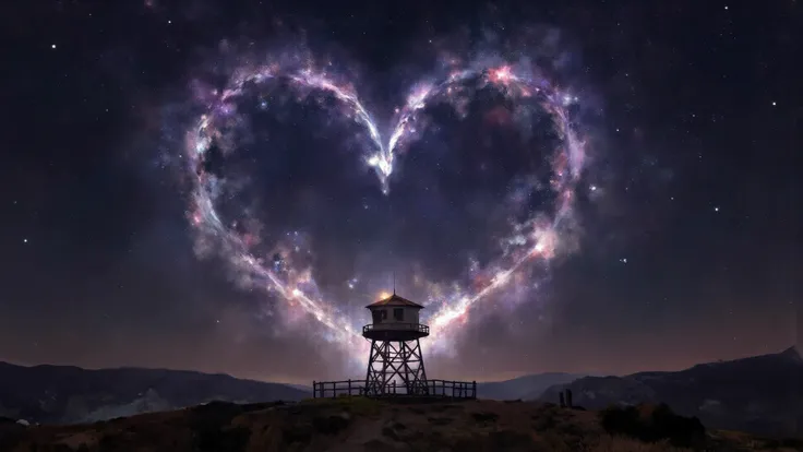 The night outside fades into the shape of a heart—God’s silent reply surrounding the watchtower like a celestial embrace.