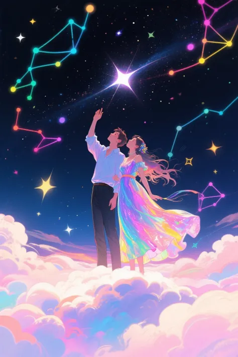 dream couple above fantastic clouds
Contents: 「幻想的な雲の上で、A couple is looking up at the stars。colorful constellations are drawn ar...