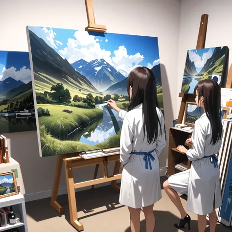 High school girls wear white coats that doctors wearγI'm painting an oil painting of a landscape painting on a canvas standing o...