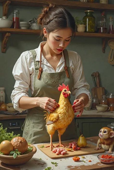 Create an image of a woman mixing a chicken and a marmoset