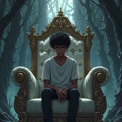 A young black boy with his eyes on the ground sitting on a throne in the style of anime manga dark fantasy