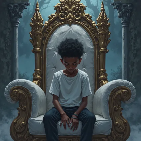 A young black boy with his eyes on the ground sitting on a throne in the style of anime manga dark fantasy