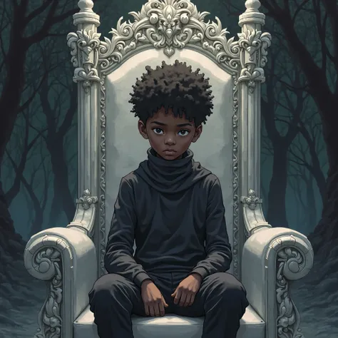 A young black boy with his eyes on the ground sitting on a throne in the style of anime manga dark fantasy