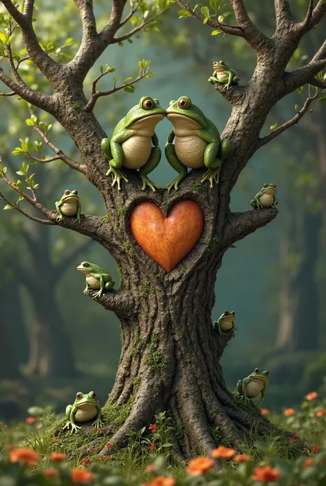 realistic branchy tree with heart carved into it with 2 frogs together at the top and 3 smaller frogs on separate lower branches...