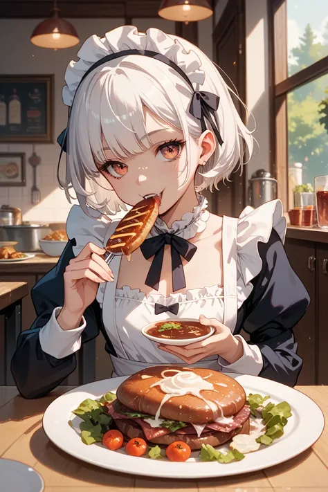 White-haired short bob vampire maid is eating a delicious steak